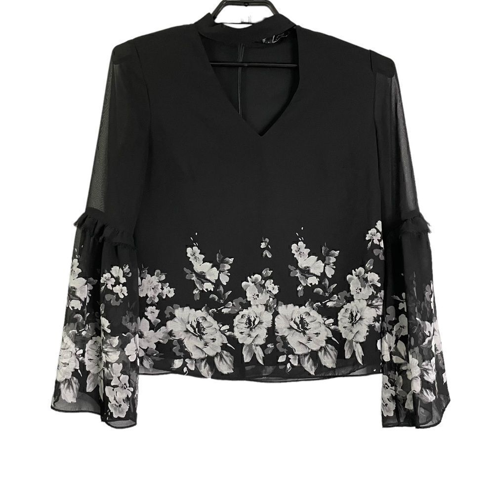 White House Black Market Black Floral Roses Choker Bell Sleeve Top